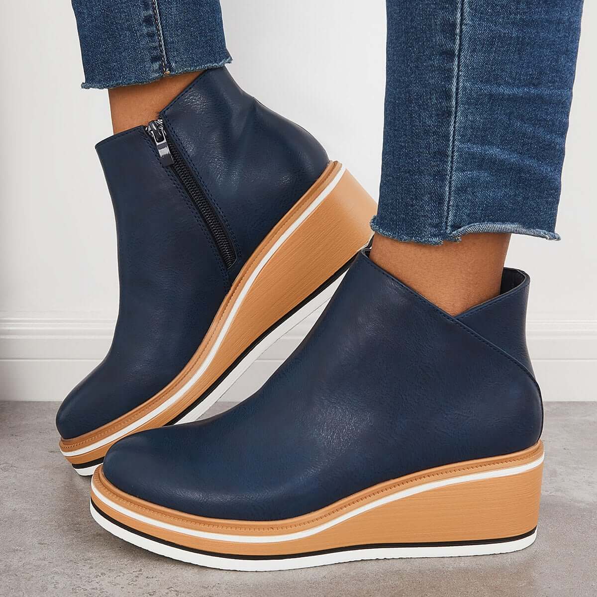 Women's Casual Vegan Leather Plateau Ankle Boots with Zipper | Ideal for Autumn / Winter