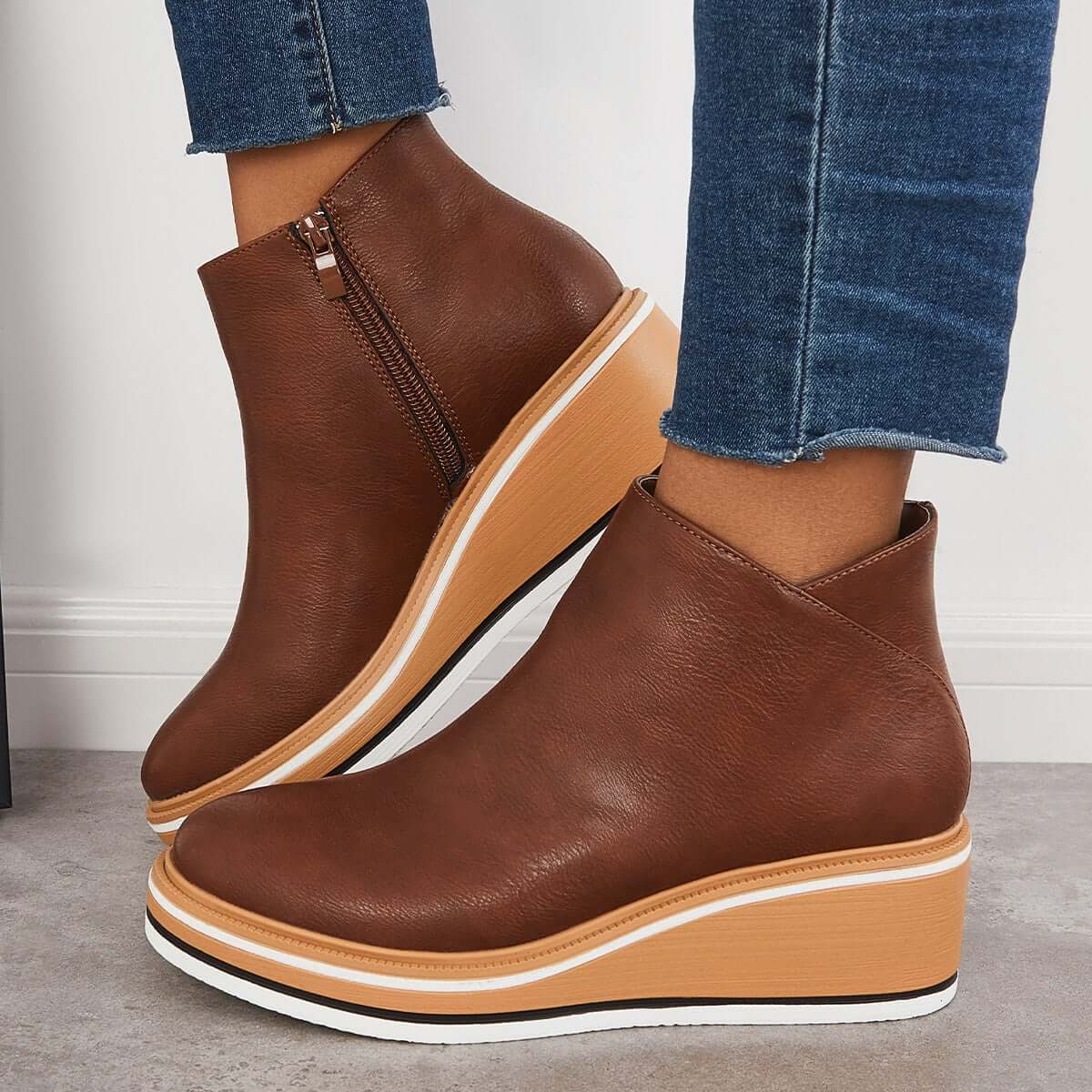 Women's Casual Vegan Leather Plateau Ankle Boots with Zipper | Ideal for Autumn / Winter