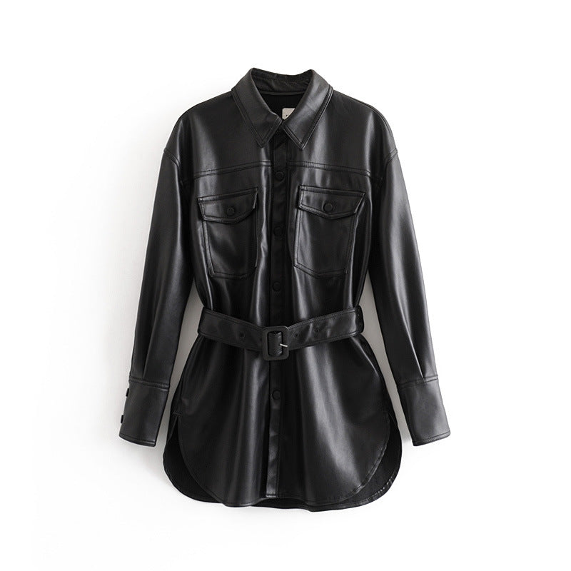 Chic Mid-Length Vegan Leather Jacket with Belt | Ideal for Winter