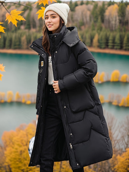 Women's Elegant Warm Long Puffer Jacket with Hood | Ideal for Winter