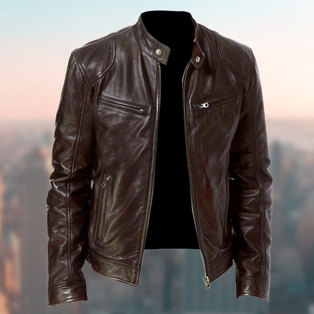 Men's Stylish Vegan Leather Jacket with Straight Collar and Zipper | Ideal for Winter