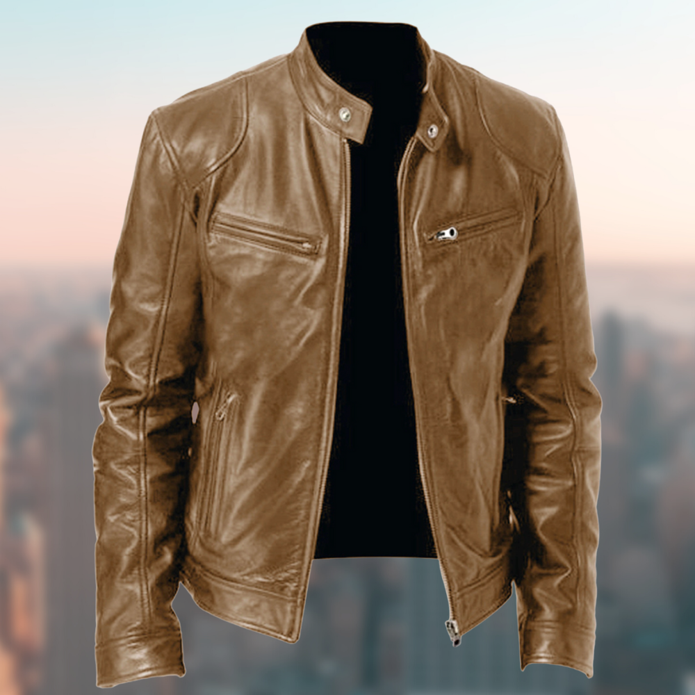 Men's Stylish Vegan Leather Jacket with Straight Collar and Zipper | Ideal for Winter