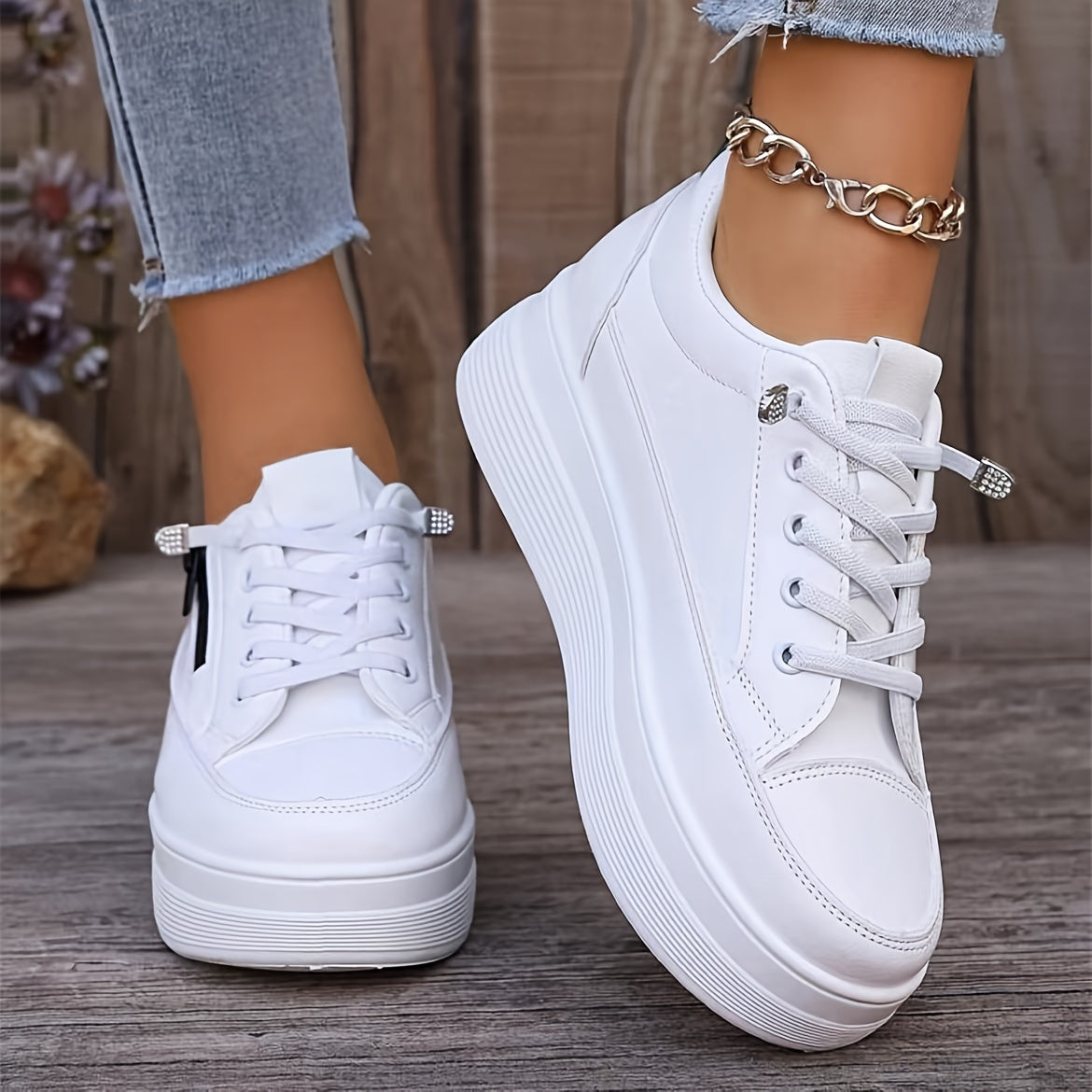 Women's Casual White Platform Trainers with Zip | Perfect for Outdoor Activities