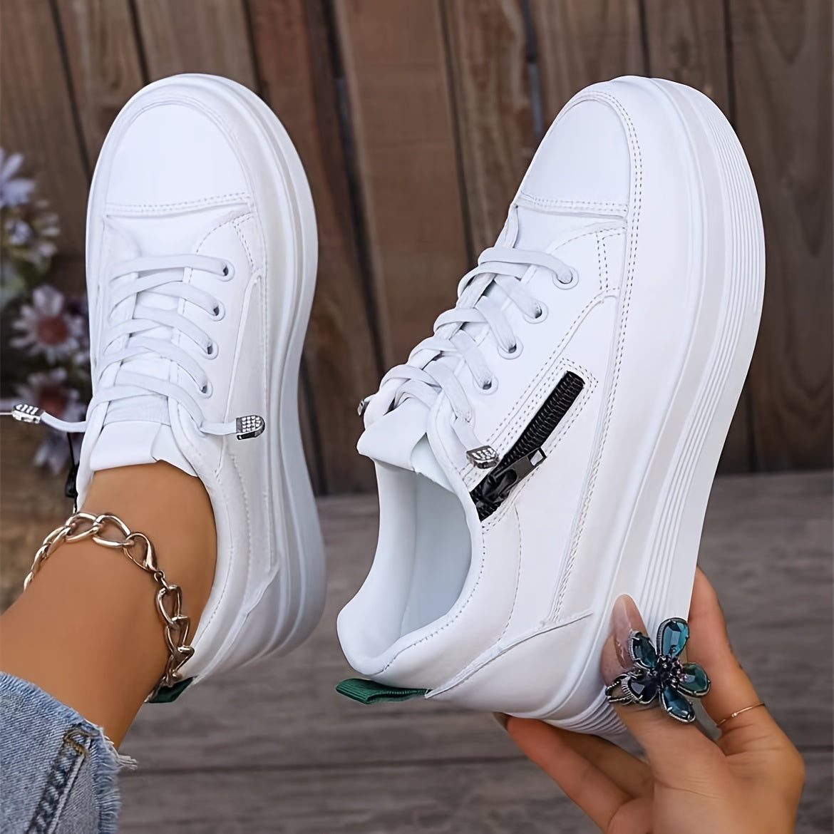 Women's Casual White Platform Trainers with Zip | Perfect for Outdoor Activities