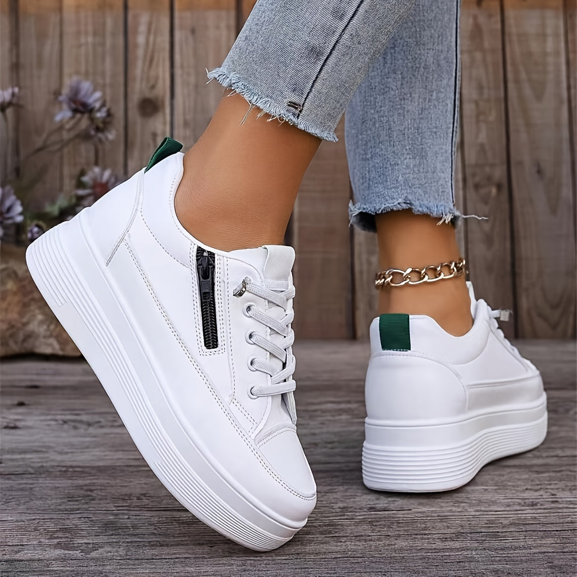 Women's Casual White Platform Trainers with Zip | Perfect for Outdoor Activities