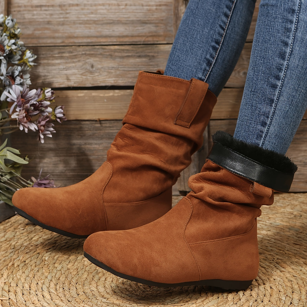 Women's Casual Warm Slouchy Mid-Calf Boots